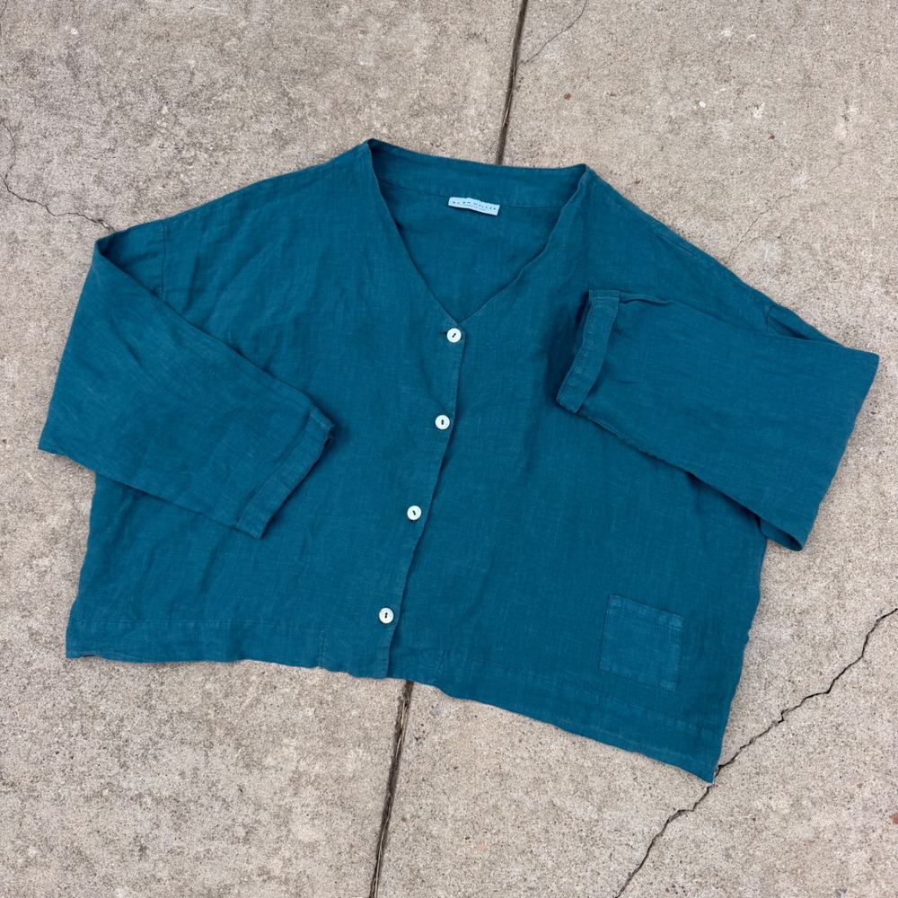 Bryn Walker Top Womens OS Teal Linen Button Front Boxy Lagenlook Made in USA New
